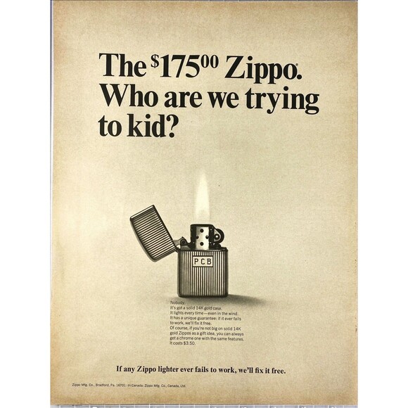 Zippo Lighter The $175 Zippo "If it Ever Fails, Well Fix It Free" Print Ad 1967 - Picture 1 of 3